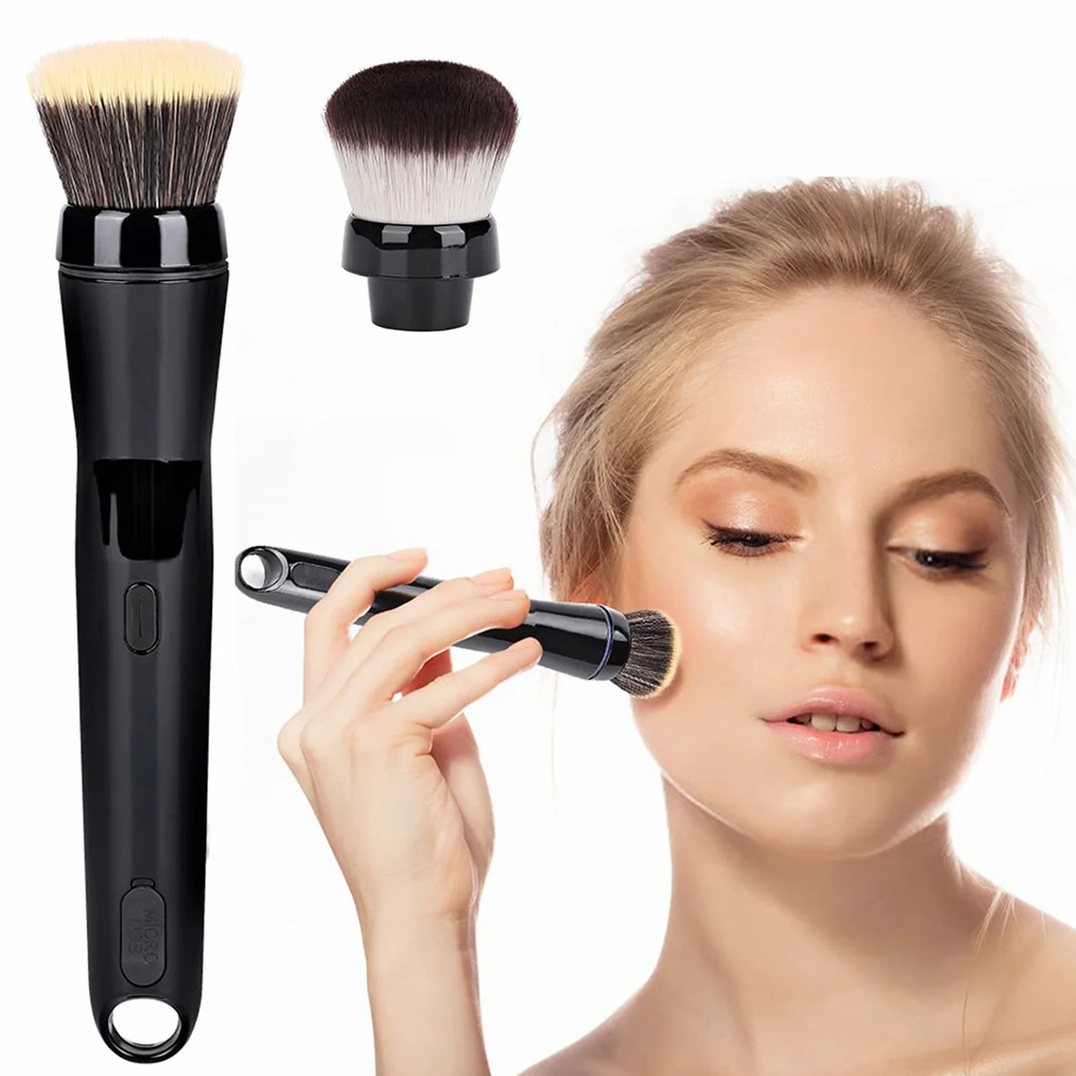Elektrisches Make-up-Pinsel-Set mit Kabuki Foundation- und Concealer-Pinsel, Automatisch Rotierender Pinsel für Flüssige Foundation und Rouge, 2 Stück Aufsätze für Präzise Anwendung