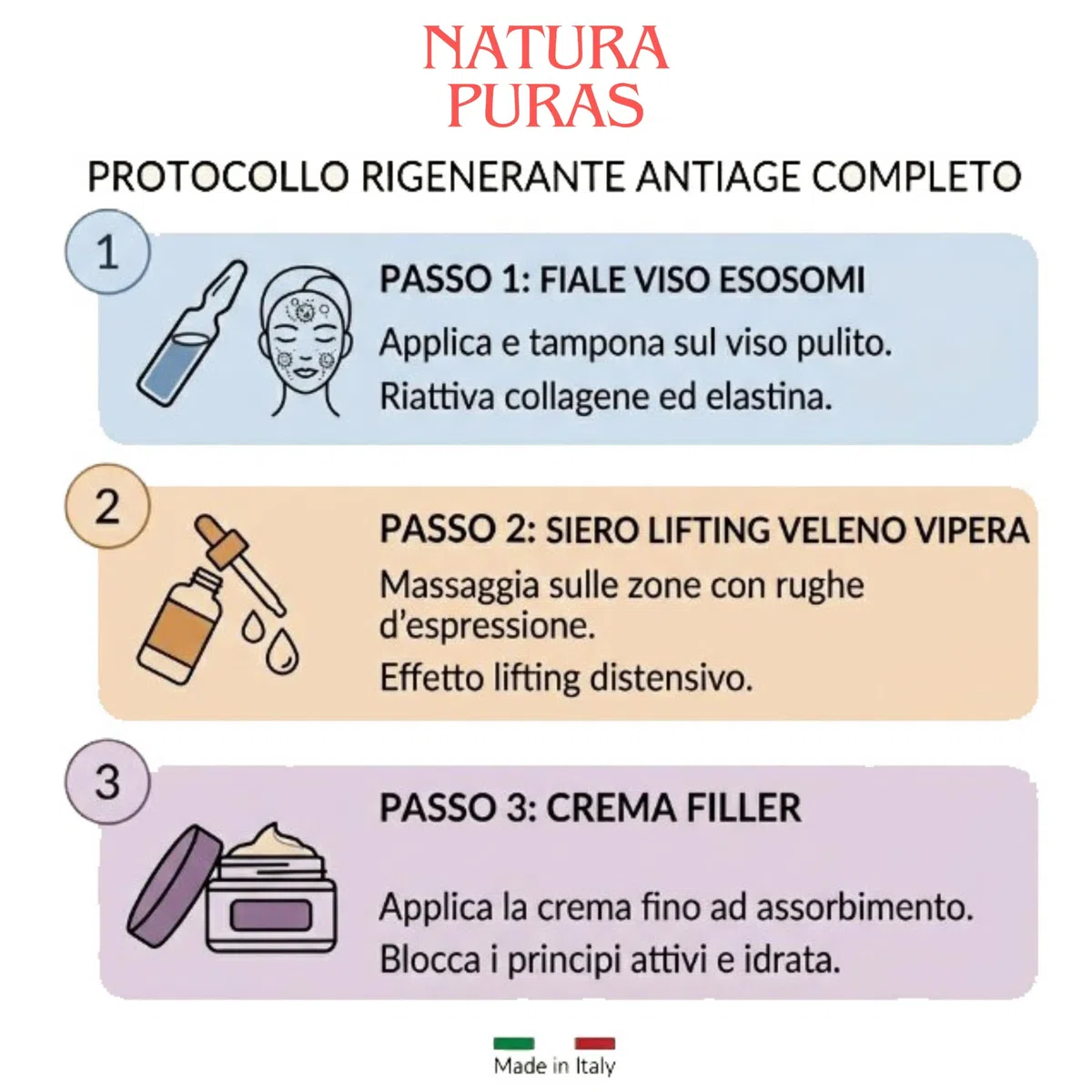 NaturaPuras Anti-Aging Hautpflege-Set, 3-teilig, hergestellt in Italien | Ampullen Esosomi 10 %, Serum Vipergift, Creme Filler Lifting Anti-Falten, Beauty-Geschenkbox