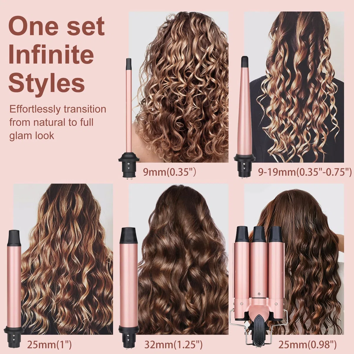 UNOBEY Lockenstab 5 in 1, Lockenstäbe 3 Fässer Welleneisen Set mit austauschbaren Keramik Lockenstab 13-32mm für Große und Kleine Locken, Beach Waves, Temperatureinstellung, Handschuh