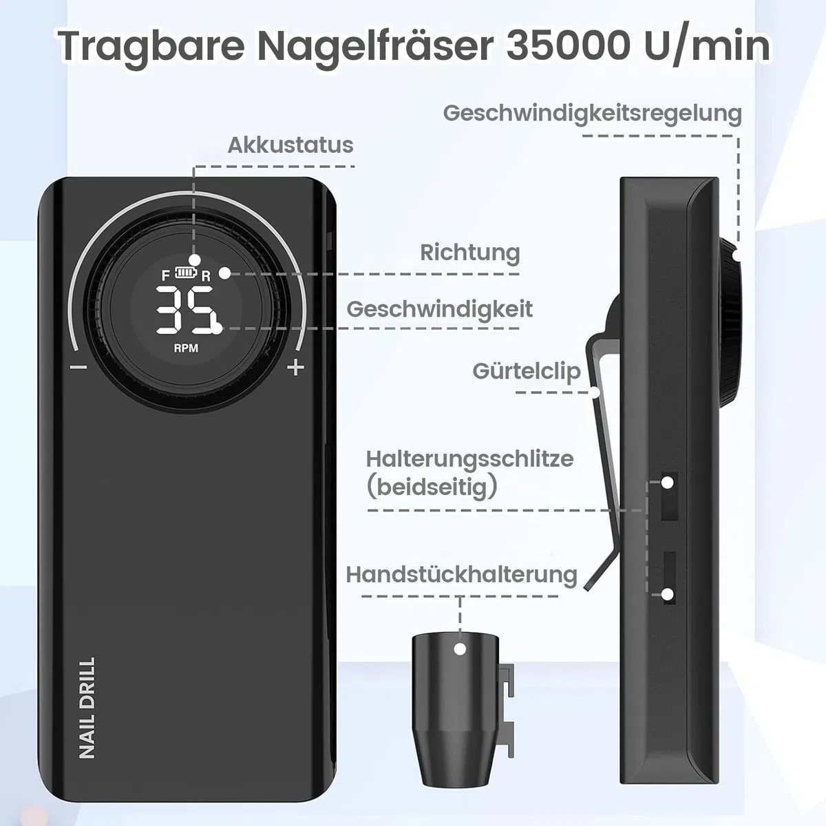 Nagelfräser Akku, Maniküre Set Elektrische Nagelfeile 35000 U/Min, Delanie Nagelfräser Für Gelnägel Acrylgel Nagelhaut Entferner, Pediküre Nageldesign mit LED-Anzeige USB-Aufladung -Schwarz