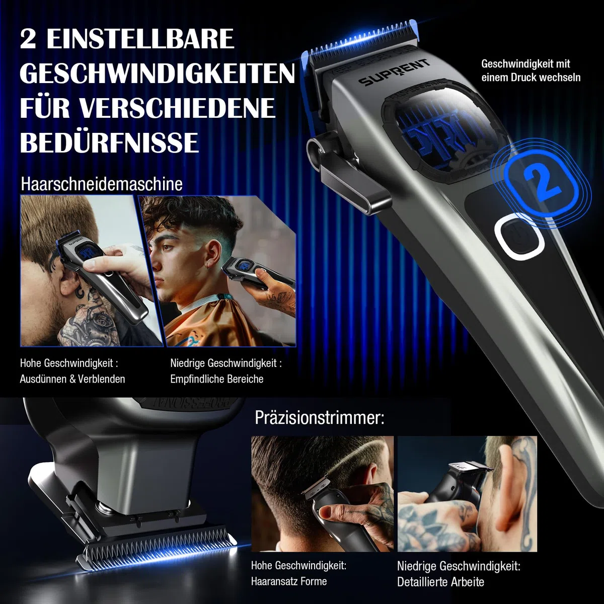 SUPRENT Haarschneidemaschine Herren Profi Titanbeschichtete Fade-Klinge Einstellbares Zero-Gap T-Blade 5 Längenstufen 2500mAh Akku Typ-C Ladestation