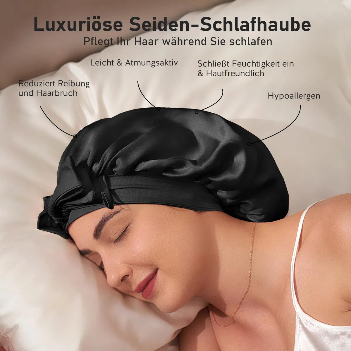 LitBear Schlafhaube aus 100% Maulbeerseide 6A 22 Momme große doppellagige Haube mit Bindeband rutschfester Seidenturban inklusive Seiden-Haargummi