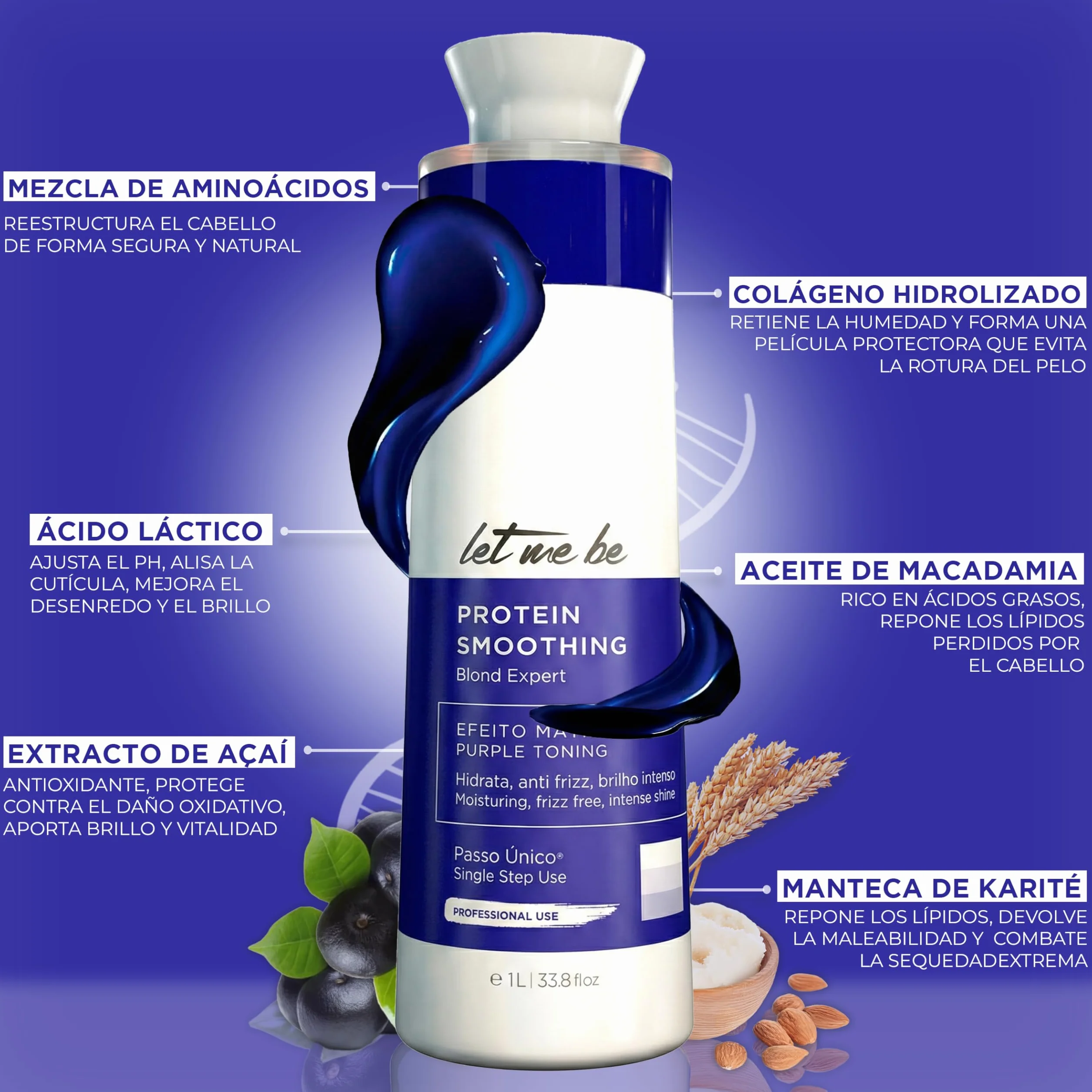 Let Me Be – Protein Smoothing Blond Expert, 1-Schritt Glättung ohne Formaldehyd, mit Keratin & Bio-Wirkstoffen, schützt blondes, graues & blondiertes Haar – 100 % brasilianisch (500ml)