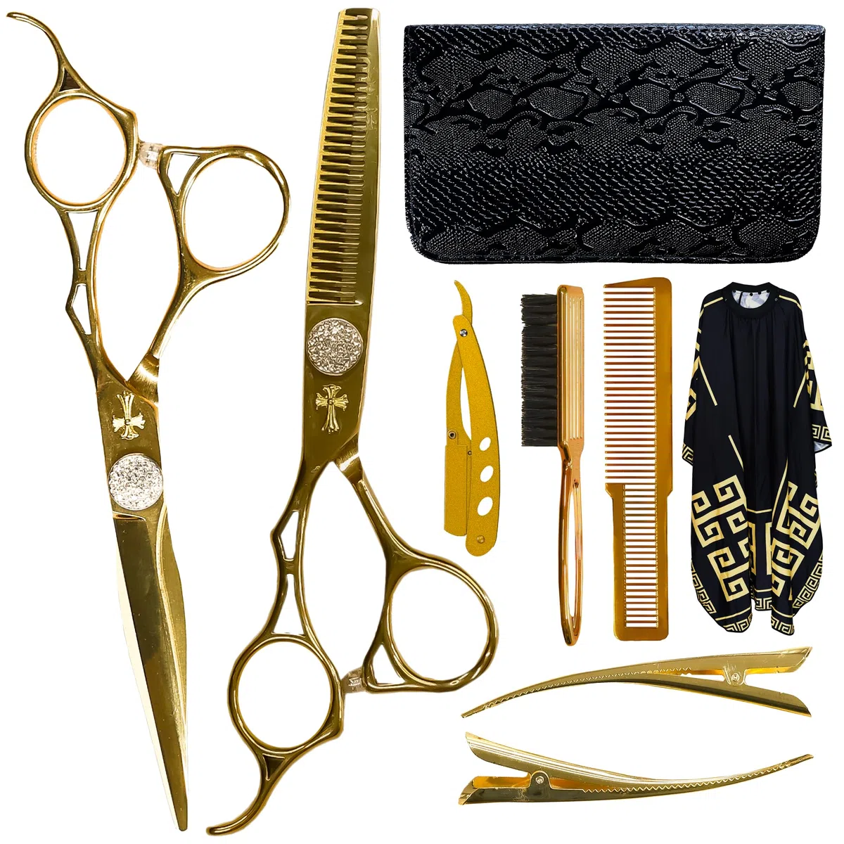WR CASTLE Home Friseur Set Profi Komplett⏐ Haarschneideschere ⏐ Haarklammern ⏐ Bürste ⏐ Kamm ⏐ Rasiermesser ⏐ Umhang ⏐ Ledertasche