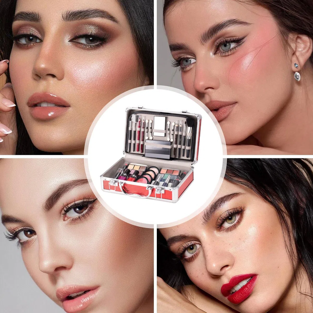Komplettes Gesichts-Make-up-Set für Anfänger, Starter-Set mit Etui – | Lidschatten, Rouge, Augenbrauenstift, Lippenstift, Nagellack