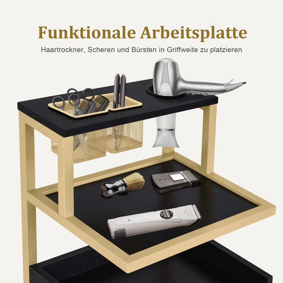 Barberpub Friseurwagen mit Rollen & 2 Schubladen, Salon Trolley mit 2 Ablagen & Föhnhalter, 32x37x87cm, Schwarz-Gold