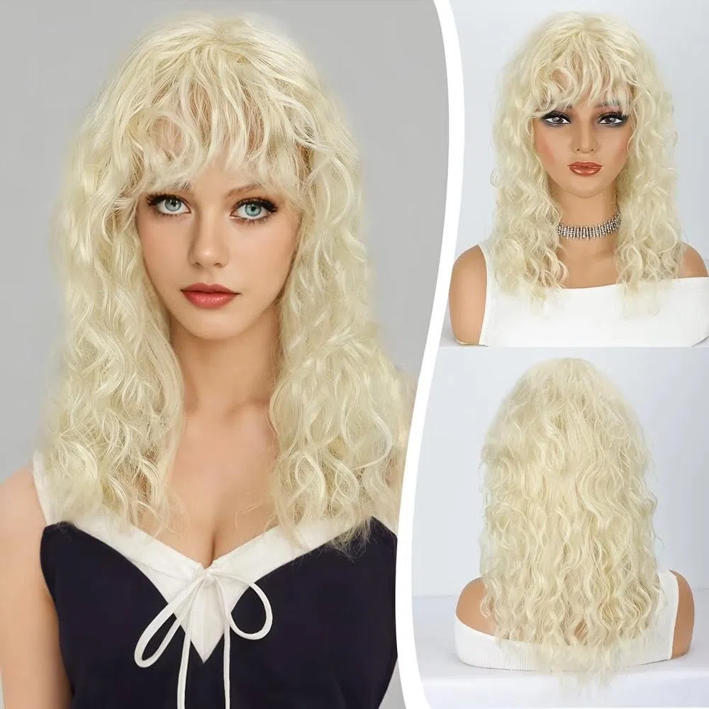 Haarpflege 18 Zoll Lange Lockige Hellblonde Flauschige Perücke Mit Pony Geeignet Für Den Täglichen Gebrauch Von Frauen