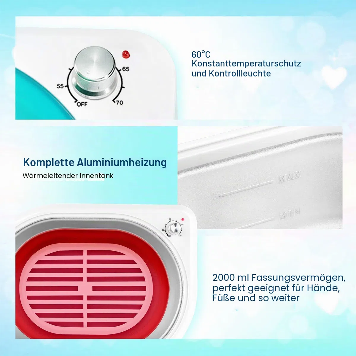 Paraffinbad für Hände und Füße, Professioneller Schnellheiz-Wachserwärmer 265W 2000mL mit 4x200g Paraffinwachs und Zubehör Blau-Weiß
