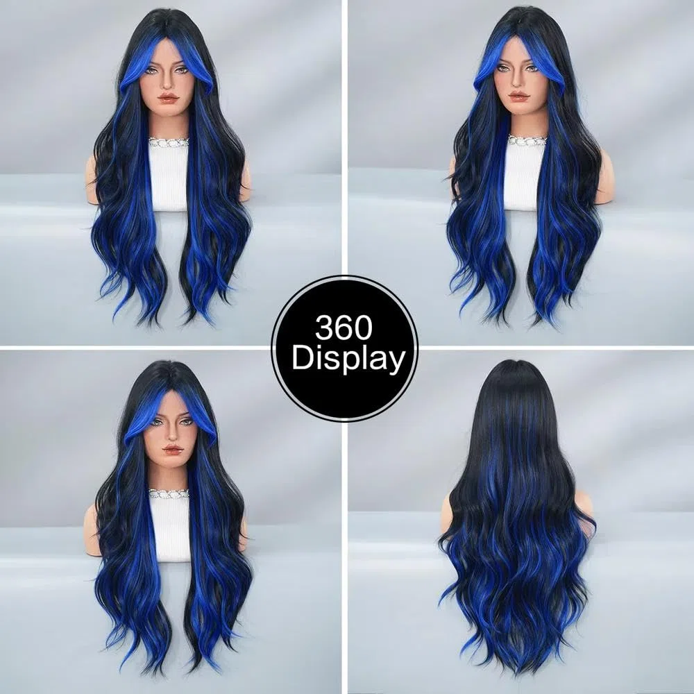 Haarpflege Lange Gewellte Schwarze Blaue Perücke Für Frauen Mit Hoher Dichte Bescheidenem Teil Und Vorhang Pony