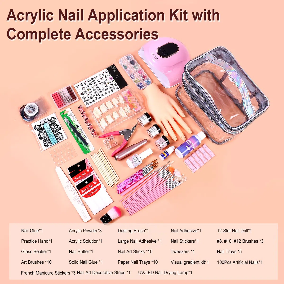 Major Dijit Acryl-Nagelset – UV-LED-Lampe, Pulver, Monomer, Übungshand, Strasssteine, Formen, 4-in-1-Gel-Nagellack, silberne Kosmetiktasche – erzielen Sie zu Hause Ergebnisse in Salonqualität.