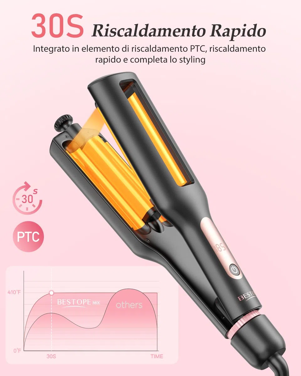 4 In 1 Einstellbar Welleneisen für Haare - 22/25/32/38mm Lockenstab für Beach Waves/Natürlich Wellen/Wasserwellen/Mermaid Waves, Anzeige, 4 Temperaturen(140-210°C), 3 Fässer Welleneisen, Schwarz Rose