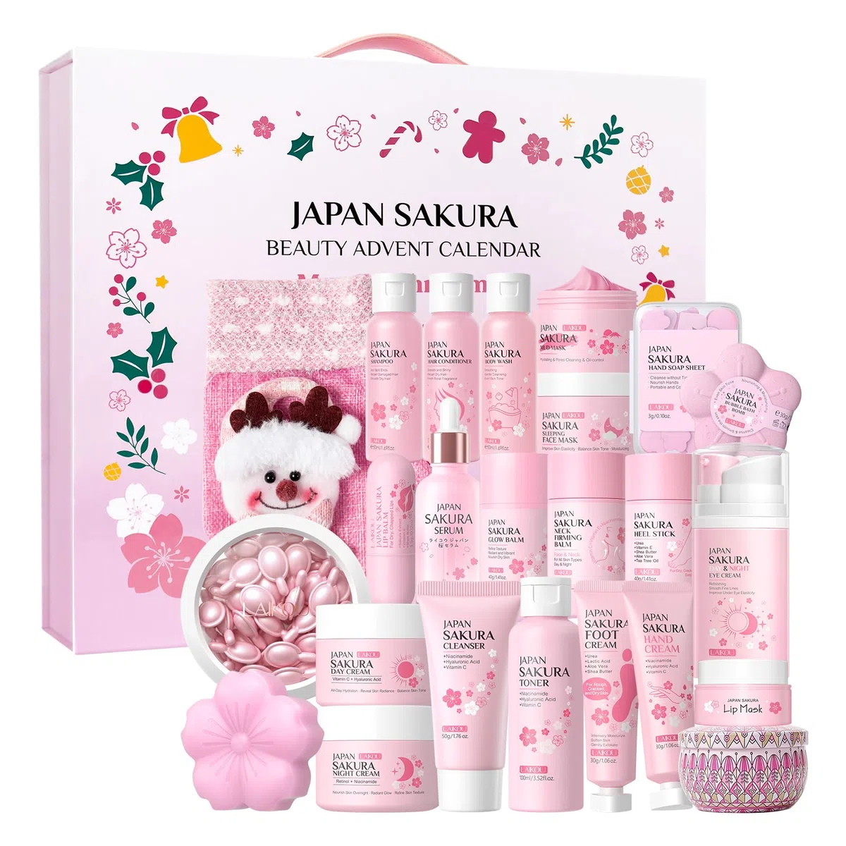 LAIKOU Beauty Adventskalender 2025 Frauen, 24-teiliges Sakura Gesichtspflege Set Damen, Weihnachtsgeschenk für Frauen Mädchen & Teenager