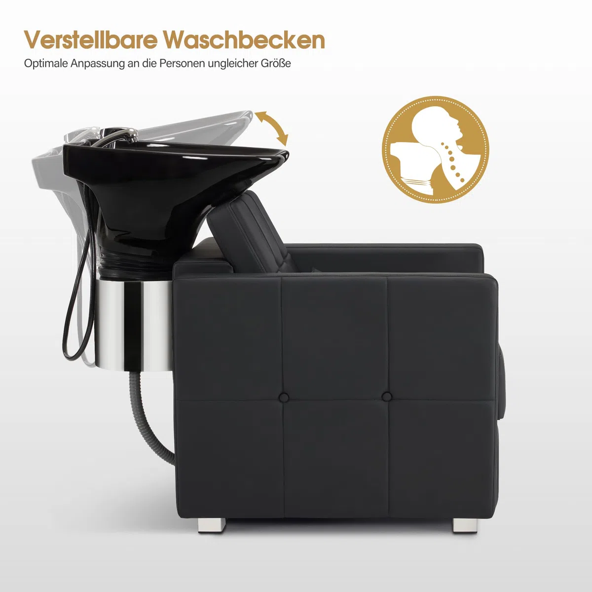 Barberpub Friseurstuhl mit Waschbecken, Friseurwaschbecken aus Keramik Verstellbar, Rückwärtswaschsessel Friseurwaschsessel für SPA Salon, Friseur Waschplatz W8010 (Schwarz)