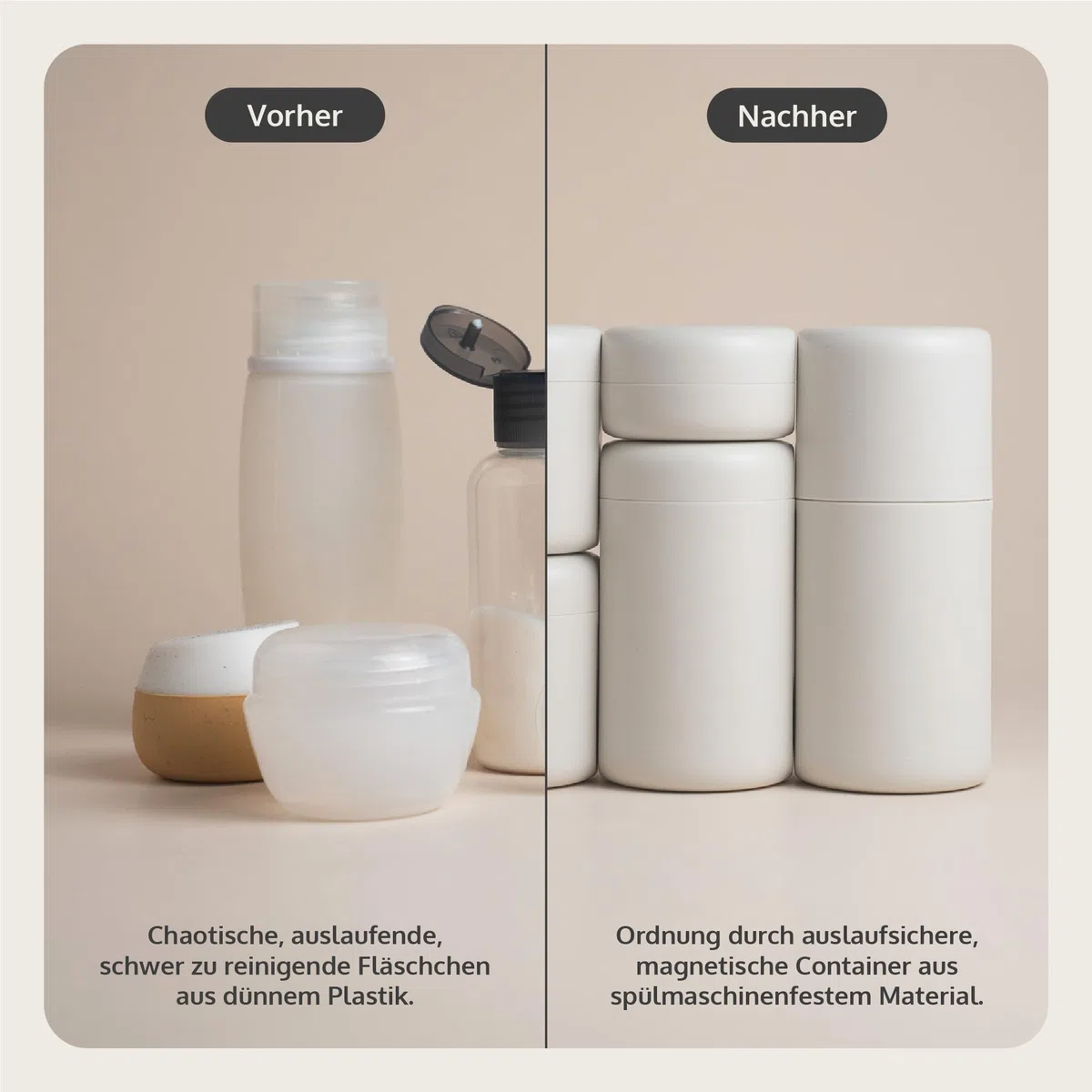 Travelpods 7 Auslaufsichere Kosmetik Reise Behälter Magnet Behälter Spülmaschinenfest Hartschalen Reisespender BPA-Frei Reiseflaschen 55ml 30ml 10ml Sandstone