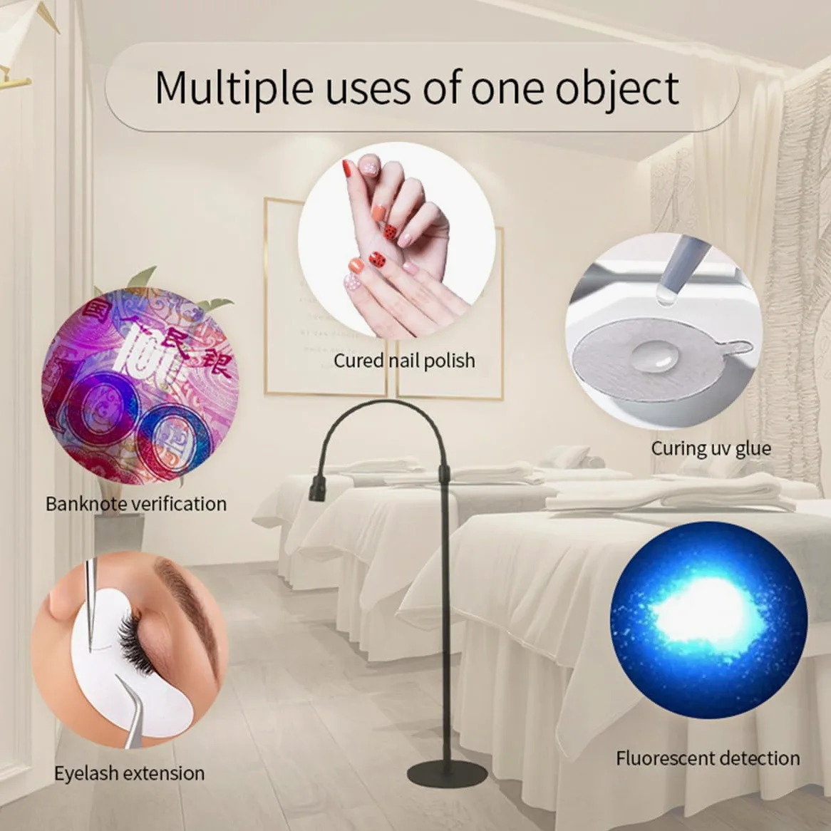 UV-Licht für lichthärtenden UV-Wimpernverlängerungskleber, UV-LED-Wimpernverlängerungslicht + Augenklappe + Schutzbrille + Fußschalter,Einstellbare Punktgröße,10 W flexibler Schwanenhals,Black