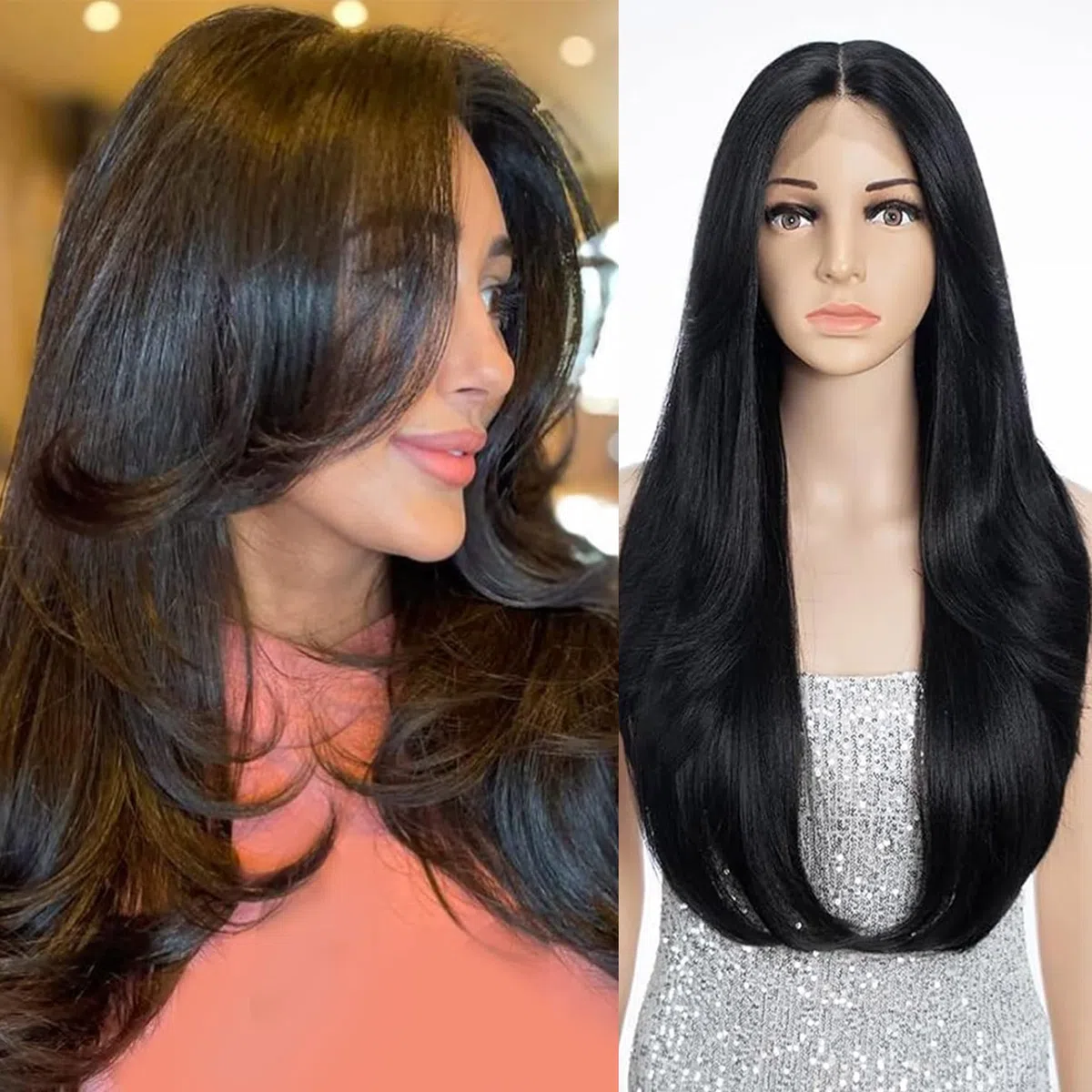 FASHION IDOL Perücke für Frauen Synthetische Spitze Front Tür Vorhang Pony in der Split Lace Hair Stitching Layered Farbe Perücke