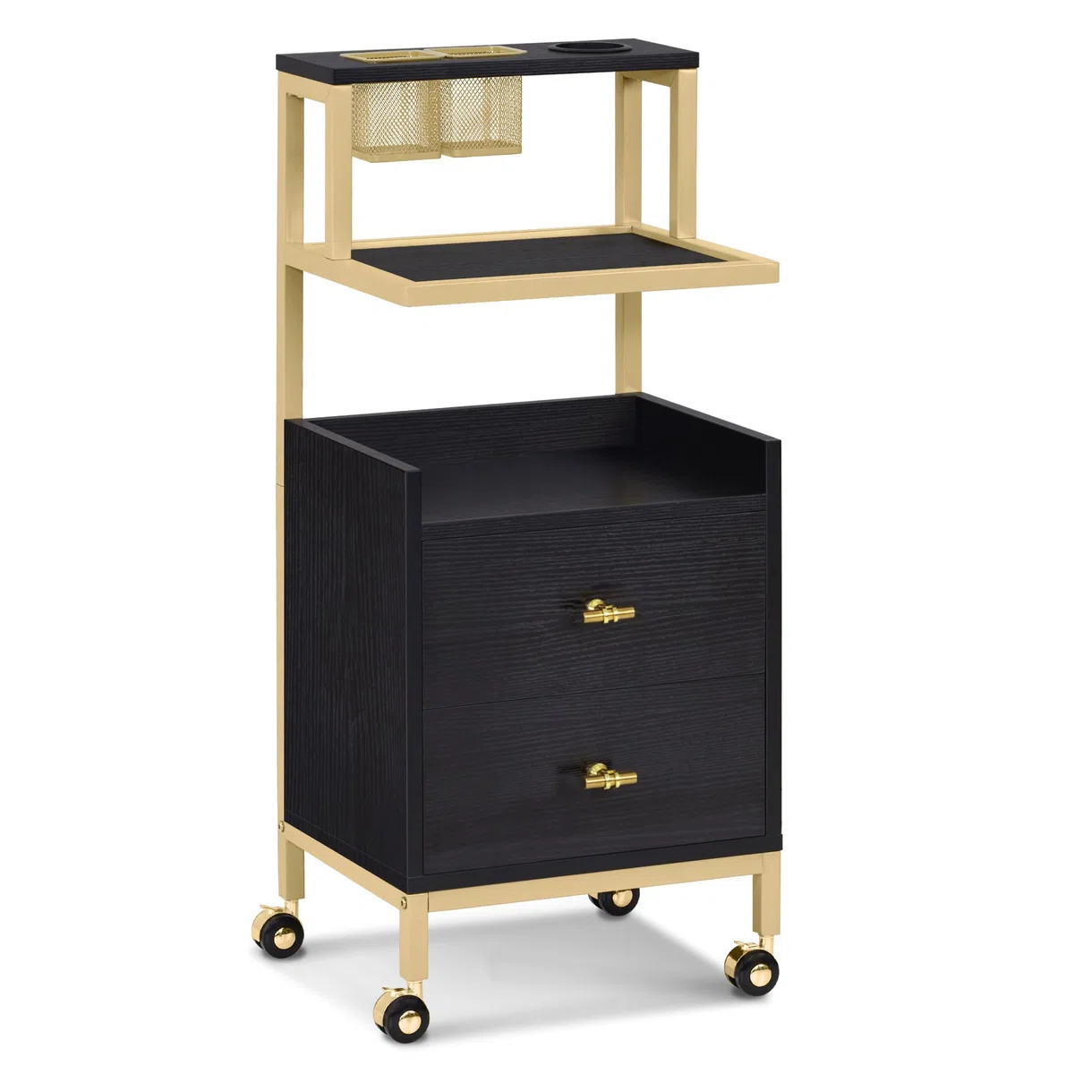 Barberpub Friseurwagen mit Rollen & 2 Schubladen, Salon Trolley mit 2 Ablagen & Föhnhalter, 32x37x87cm, Schwarz-Gold