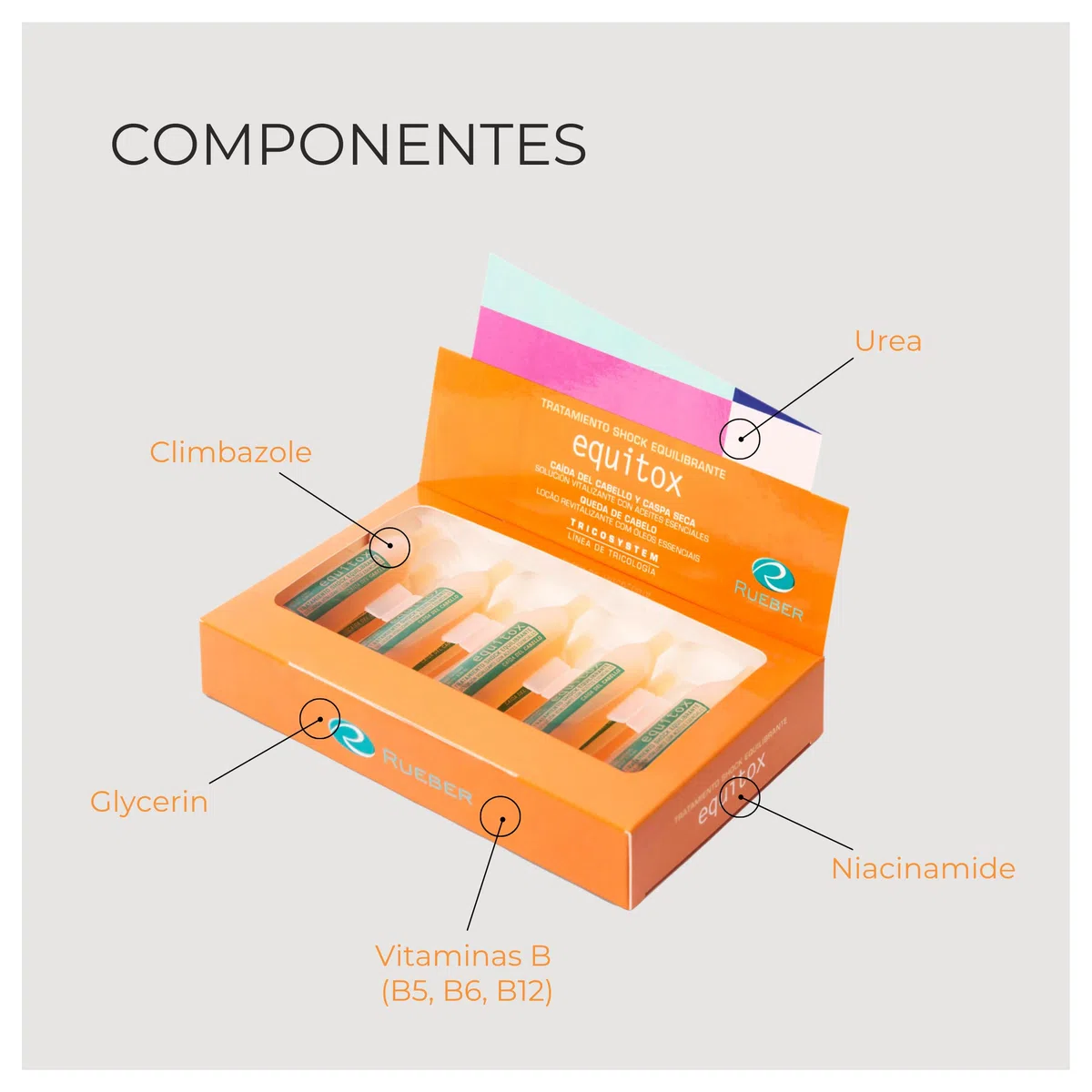 Equitox Rueber Ampullen, 10 Stück, ideal für trockene Schuppen, Juckreiz und Dermatitis, Haarausfall