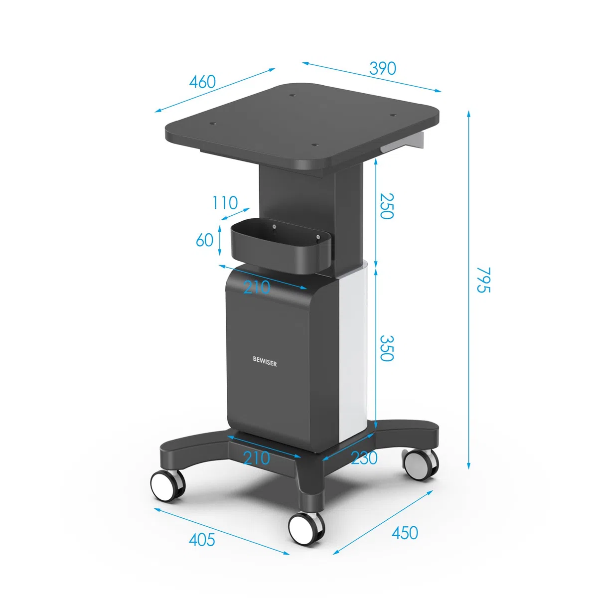 BEWISER Medizinischer Rollwagen mit Aufbewahrungsbox, Schönheitssalon Mobile Trolley, Schwarz