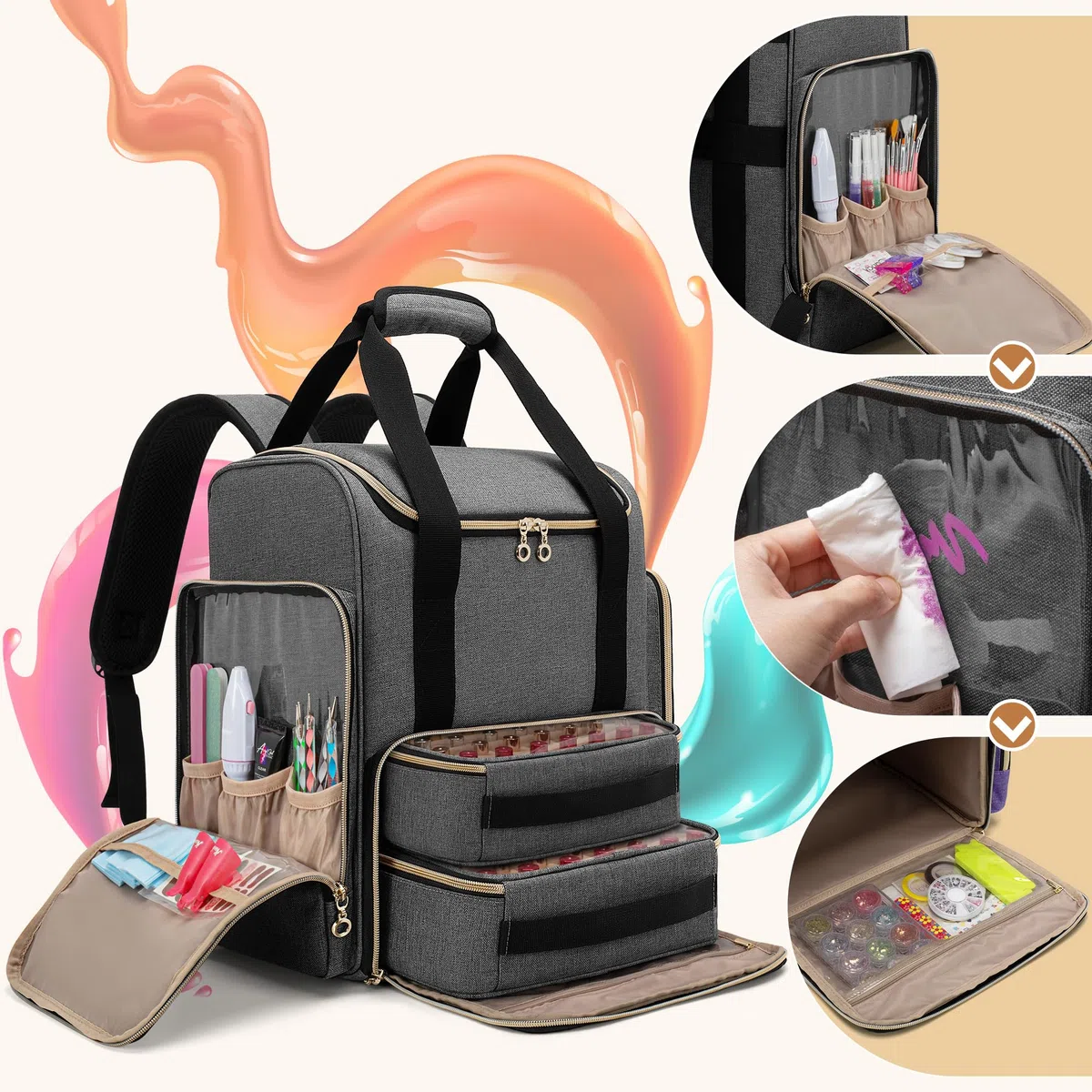 Luxja Kosmetik Rucksack für Nagellack, Grau | Nagellack Aufbewahrungstasche für Nagellampe und Nagellack, Nagellack Organizer Rucksack Groß, Grau