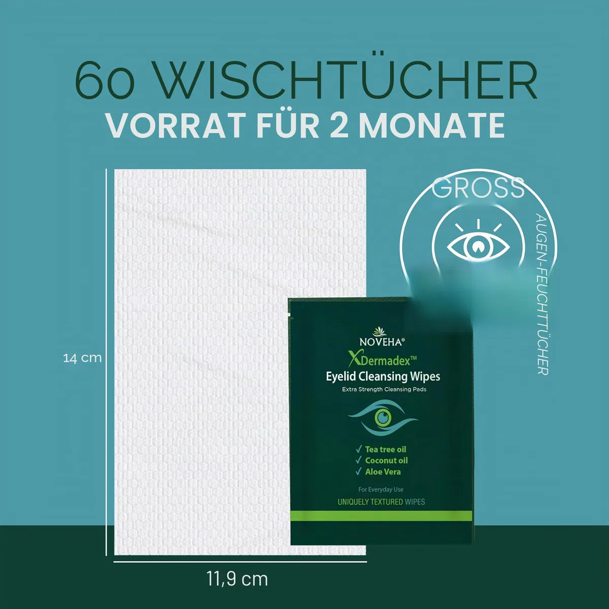 NOVEHA - Demodex Reinigungstücher für Augenlider und Wimpern | 60 Stück extra starke Wimpern-Reinigungstücher einzeln verpackt