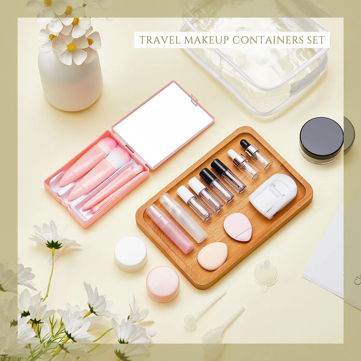 Maxdot 20 Stück Reise-Make-up-Behälter-Set, Mini-Make-up-Pinsel, leere Flaschen mit Finger-Puff-Spateln, auslaufsicher, nachfüllbar, Kosmetikzubehör für flüssige Toilettenartikel, Hautpflege, Shampoo,