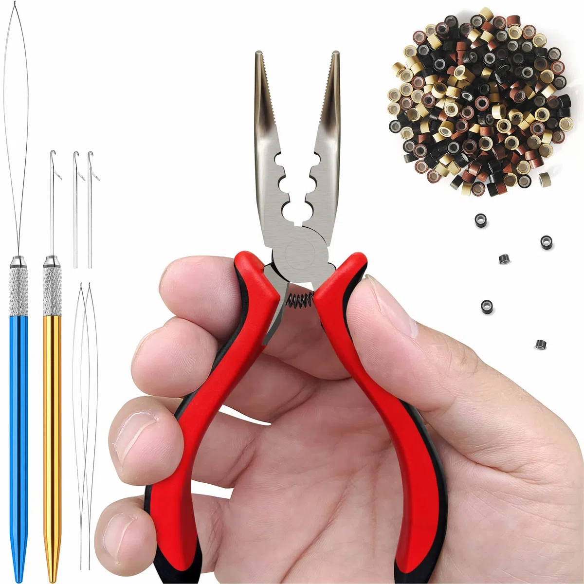 konovo Microlinks - Kit de extensiones de cabello, herramientas profesionales con alicates de extensión de cabello, enhebrador de cuentas, microeslabones de silicona, 400 unidades