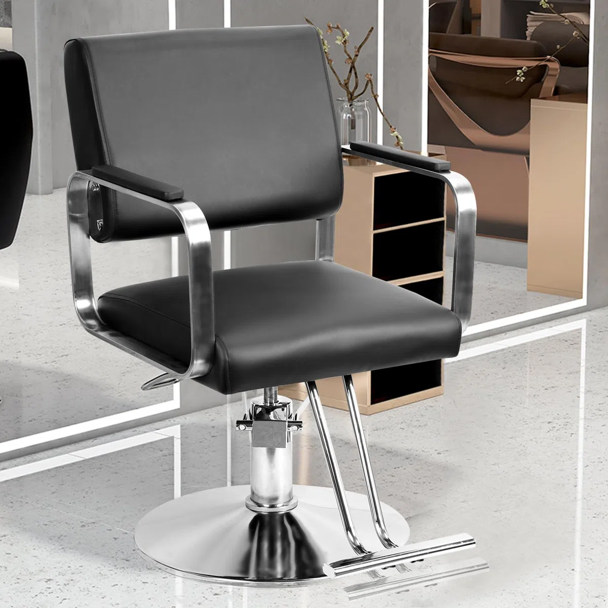 Friseurstuhl 250 kg Tragkraft 360° Drehbar 15cm Höhenverstellbar Hydraulischer Frisörstuhl mit Stahlsockel für Schönheitssalon Tattoo-Studio (Barber Stuhl B)