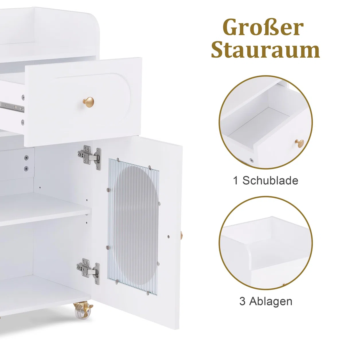 M MCombo Friseurwagen mit Rollen & Schubladen, Rollwagen Servierwagen Weiß, Salon Trolley 3 Ablagen Föhnhalter, 31,4x37x85,5 cm