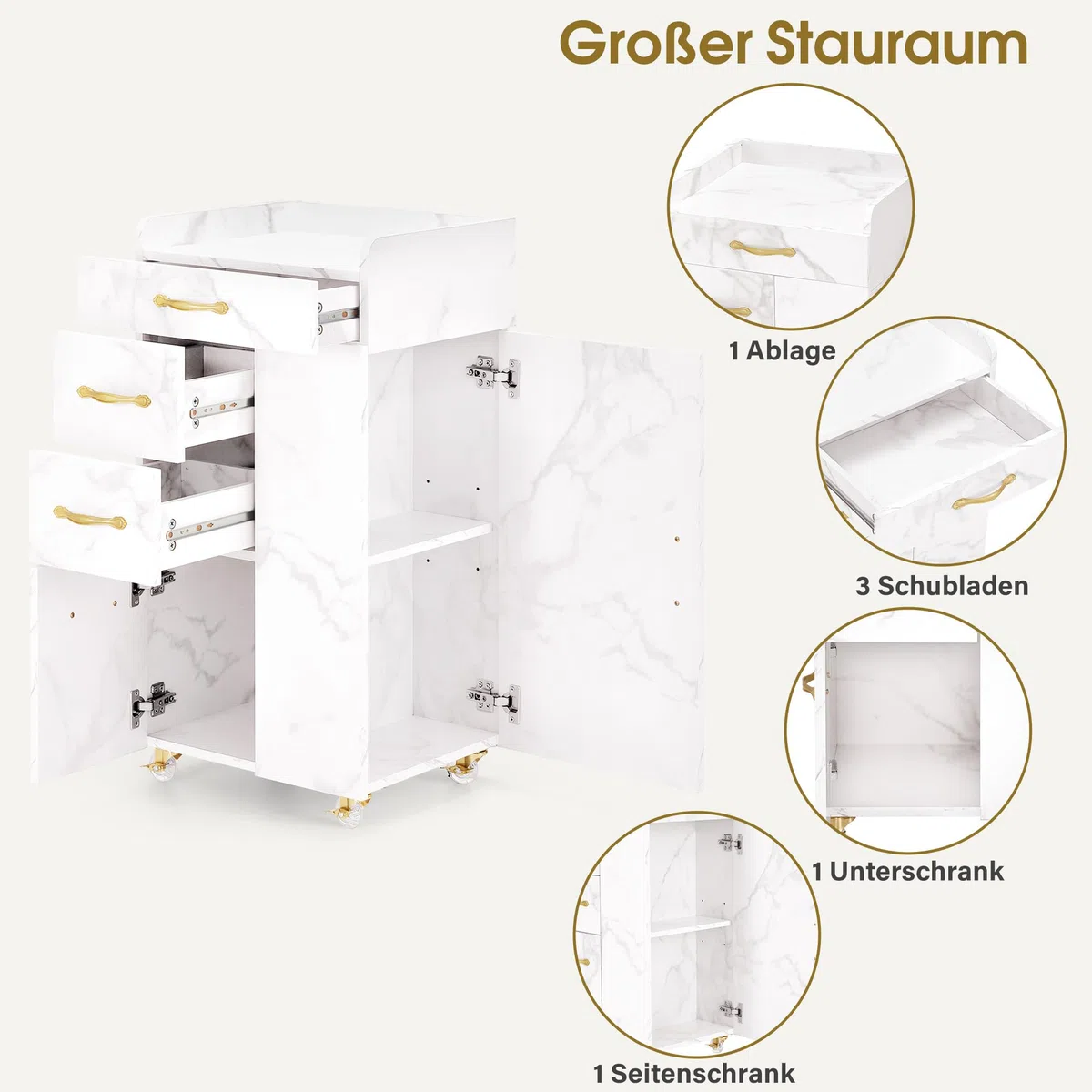 BarberPub Friseurwagen mit 3 Schubladen & 2 Schränken, Beauty Salon Trolley mit 3 Föhnhaltern, 39x58x90cm, Weiß-Gold