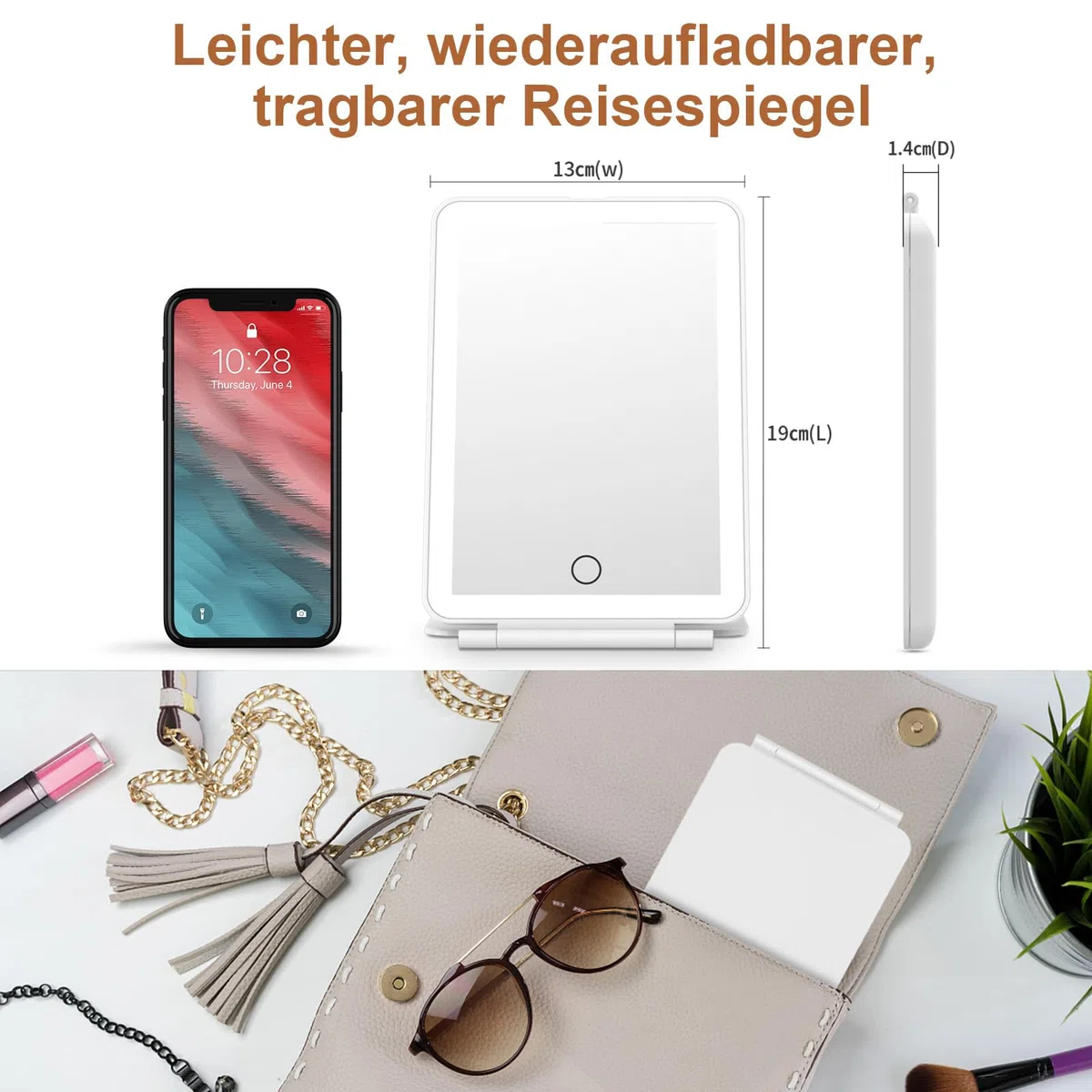 FASCINATE Kosmetikspiegel mit Beleuchtung, Wiederaufladbarer LED Schminkspiegel mit 3 Lichtfarben, Vergrößerungsspiegel Helligkeit einstellbar
