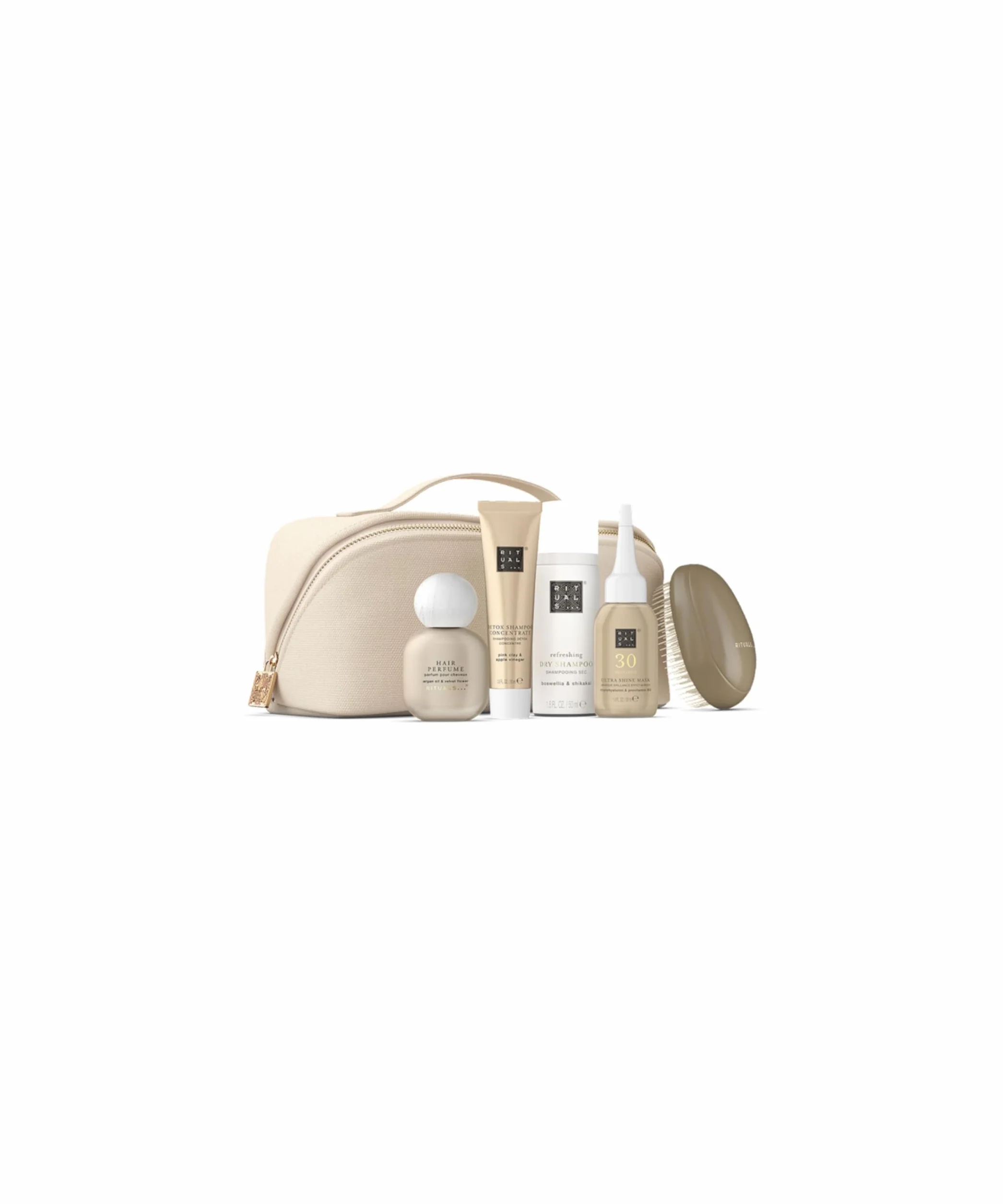 RITUALS Haarpflege Set - 4 Reisegrößen + Exklusive Haarbürste in einer wiederverwendbarer Tasche – Detox Shampoo, Trockenshampoo, Ultra Shine Maske & Haarparfum