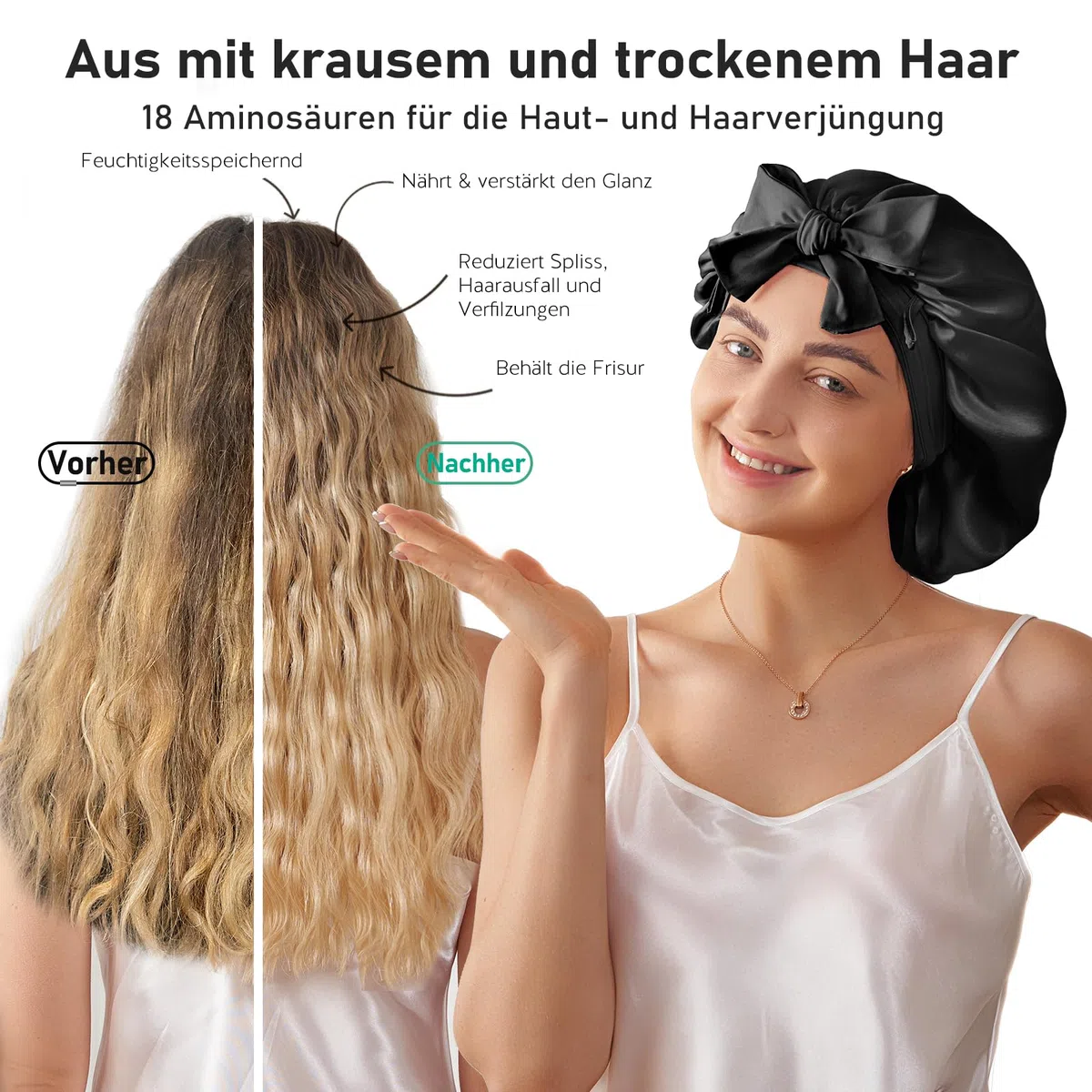 LitBear Schlafhaube aus 100% Maulbeerseide 6A 22 Momme große doppellagige Haube mit Bindeband rutschfester Seidenturban inklusive Seiden-Haargummi