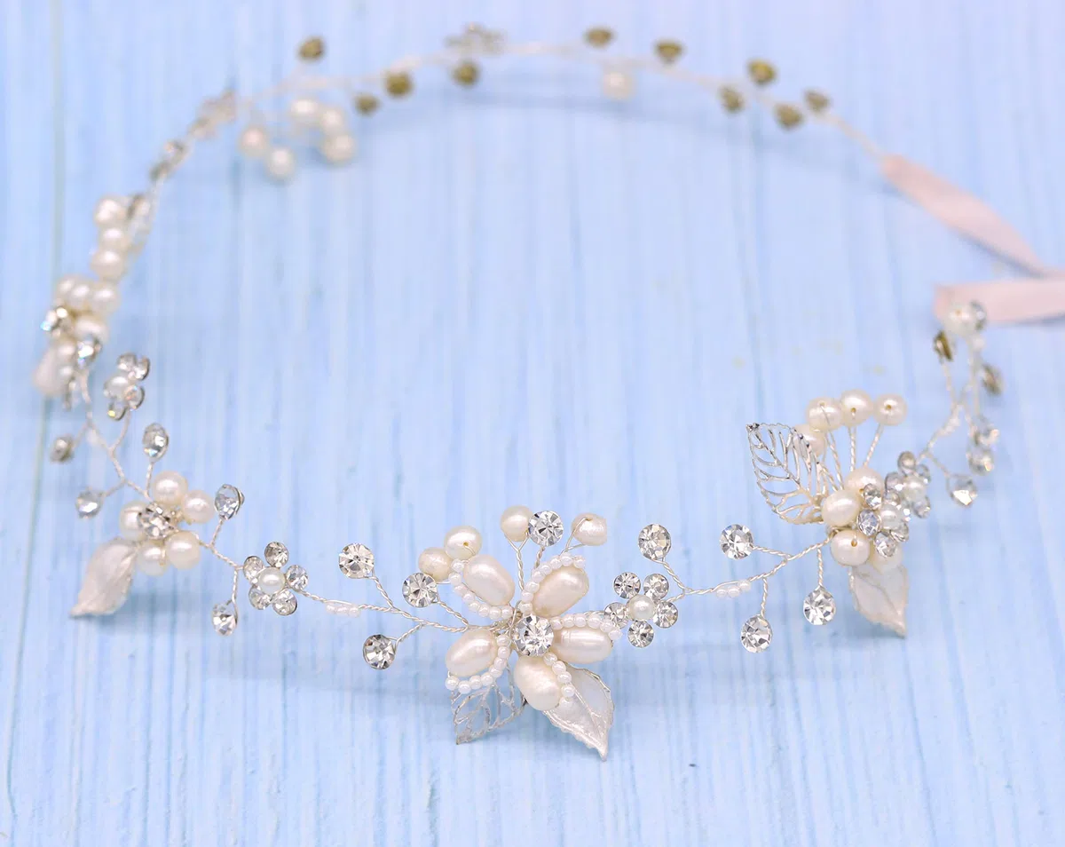 Oriamour Brautschmuck Kristall Stirnband mit Süßwasserperlen Blume Design Hochzeit Haarschmuck