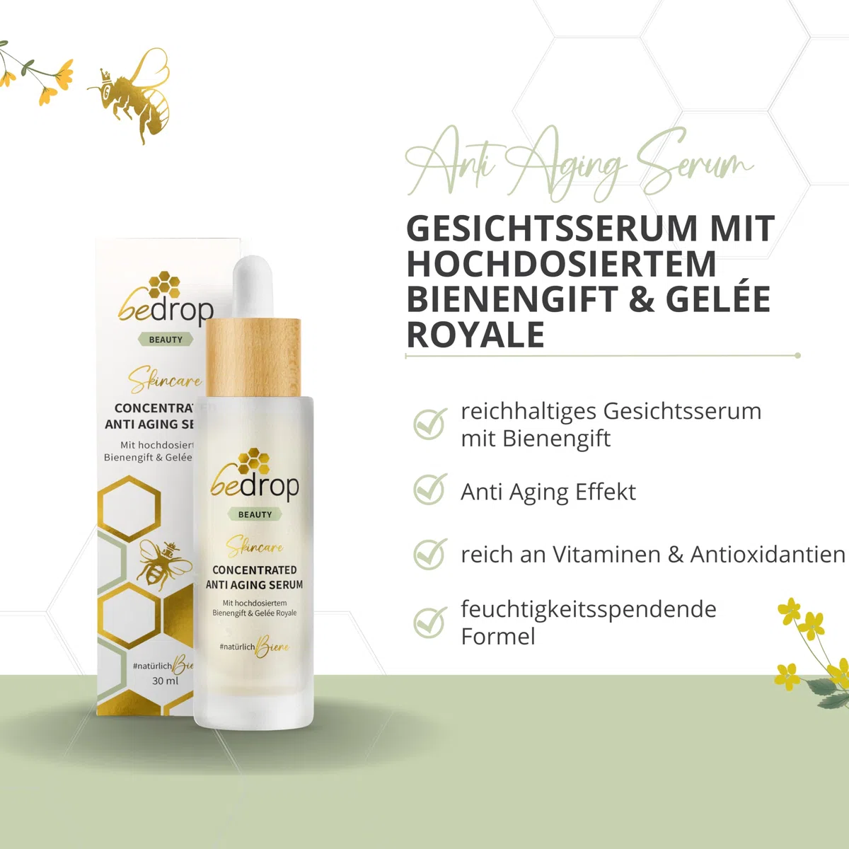 bedrop Concentrated Anti Aging Serum mit Bienengift, Gelée Royal, Hyaluron & Acetylglucosamin hochdosiert