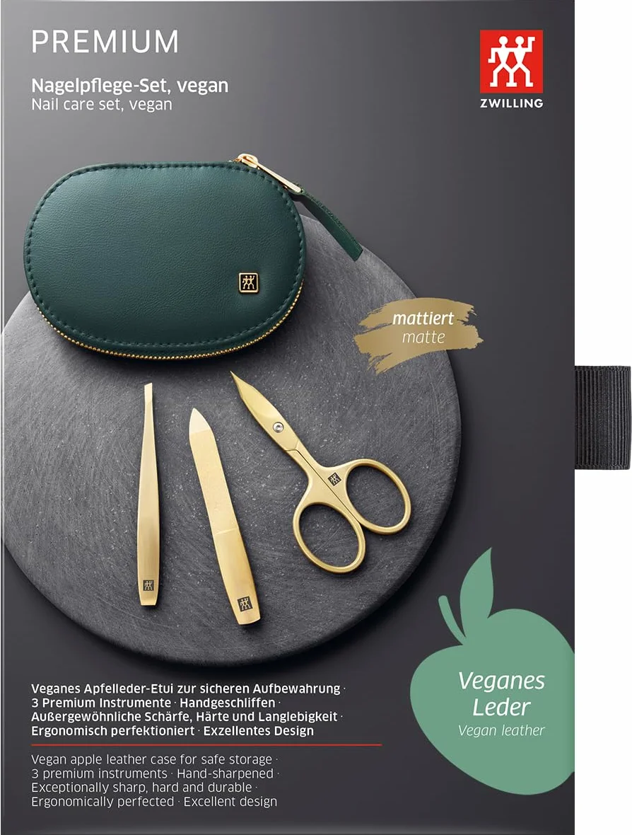 ZWILLING Maniküre- & Pediküre-Set 3-teilig im veganen Apfelleder-Etui, Nagelpflegeset inkl. Kombischere, PVD-Goldbeschichtung, Grün, Premium