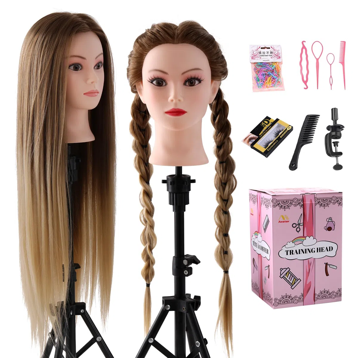 Frisierkopf Echthaar 24 Zoll Friseur Übungskopf mit Halter + DIY Haare Set