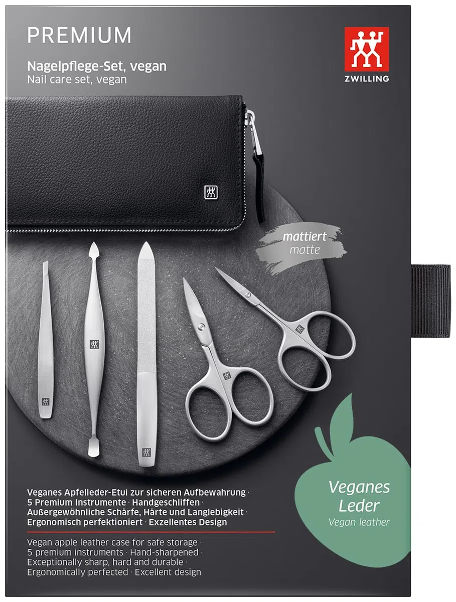 ZWILLING Maniküre-Set 5-tlg. im veganen Apfelleder-Etui, Nagelpflege-Set | Nachhaltiges Etui mit Samtfutter inklusive Nagelschere, Saphir-Nagelfeile, Hautschere, Pinzette und Nagelhautschieber