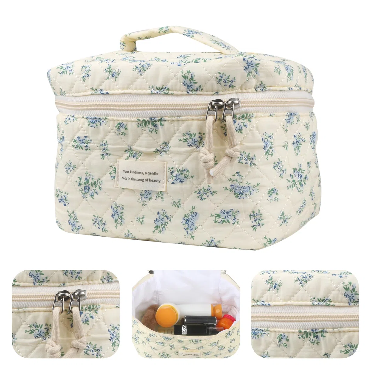 VIWIME Make-up-Kosmetiktasche, groß, Baumwolle, gesteppt, Reise-Kokette, ästhetisch, niedliches Blumenmuster, Make-up-Tasche für Damen, Kulturbeutel, 203 - Blaue Rose, 4 Stück, 10.1x5.8x5.4 inches