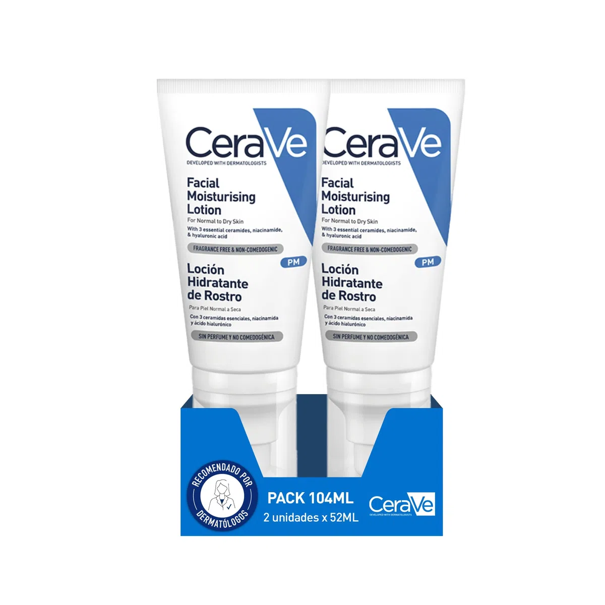 CeraVe, Gesichtsfeuchtigkeitslotion PM 2x 52 ml, Für normale bis trockene Haut, Hydratisiert und stellt die schützende Hautbarriere wieder her, Angereichert mit essentiellen Ceramiden, Niacinamiden