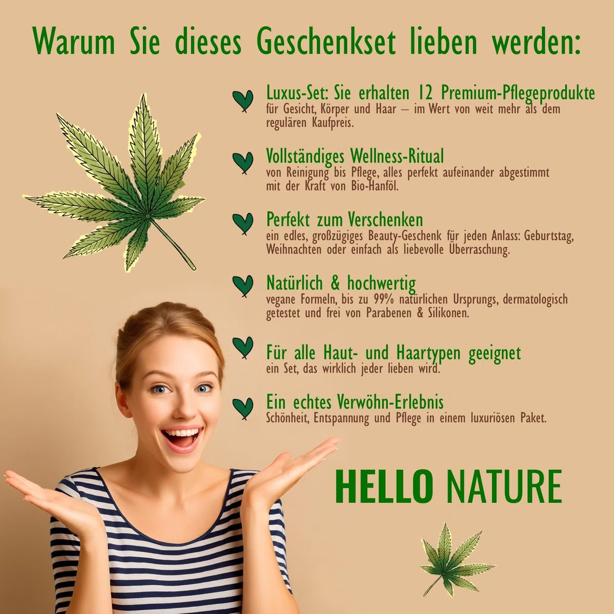 P-Beauty Körperpflege Set Damen 12-teilig mit Bio Hanfsamenöl für Haut & Haare - Duschgel, Bodylotion, Haarmaske, Shampoo, Handcreme & mehr - vegan & ohne Silikone - Geschenk Frau - Geschenkidee Damen