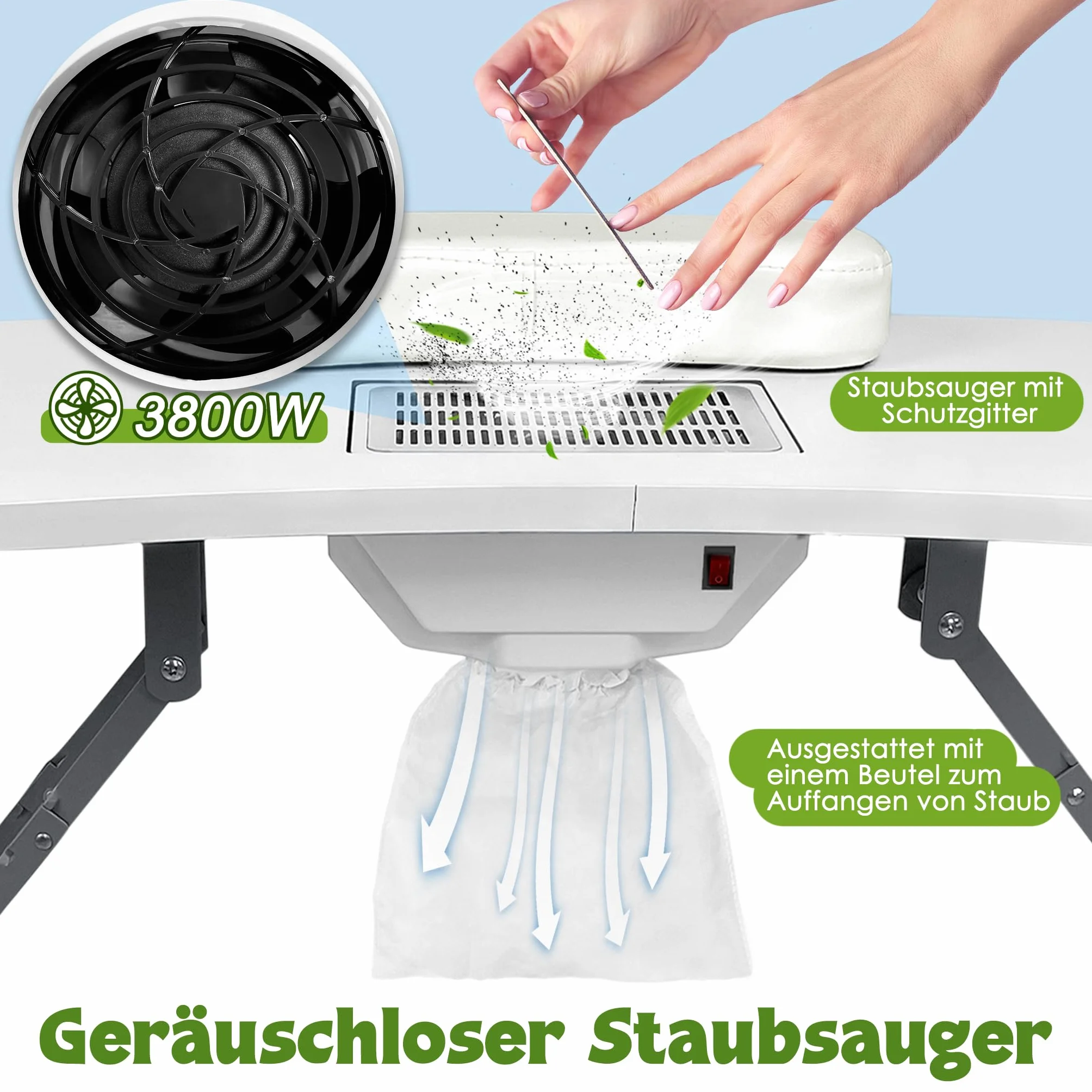 UISEBRT Faltbar Maniküretisch mit Absaugung Tragbarer Nageltisch Tragbaresmanikürtisch mit Rollen Mobiler Maniküre Tisch, Weiß