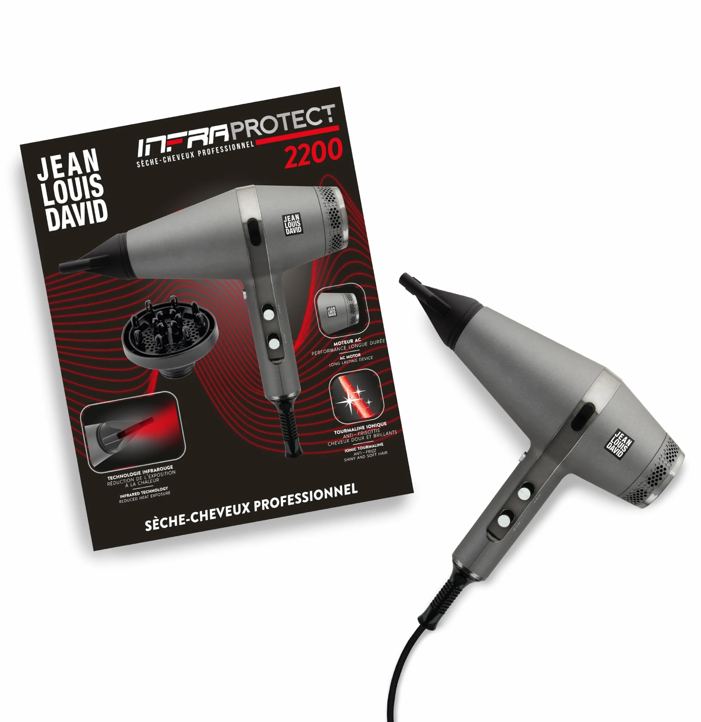 JEAN LOUIS DAVID - INFRAPROTECT 2200W - Infrarot-Technologie - Schnelltrocknend - Professionelles Gerät - 3 Temperaturen, 2 Geschwindigkeiten - 1 Konzentrator und 1 Diffusor