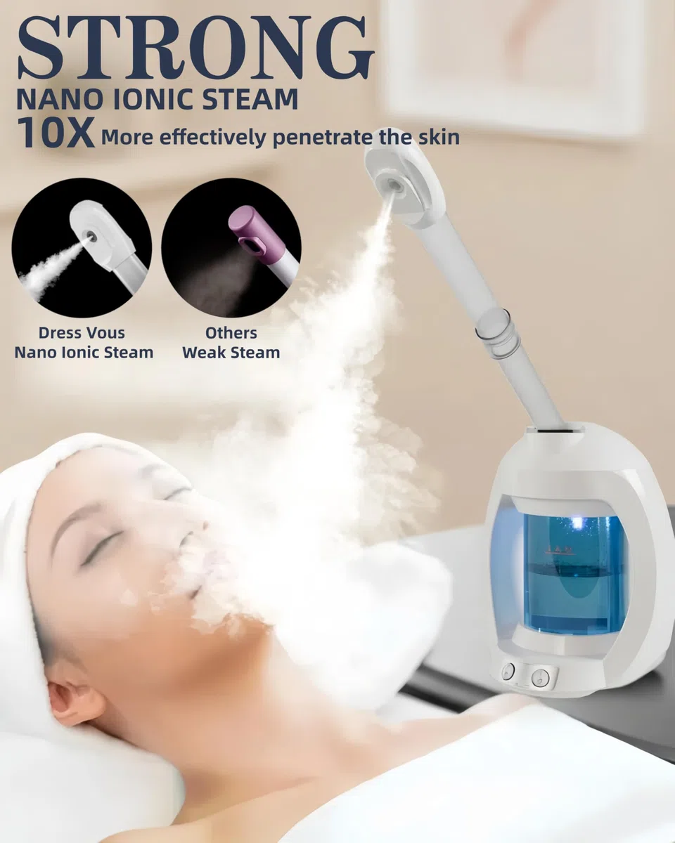 Gesichtsdampfgarer, Gesichtsdampfer für Kosmetiker und Nano-Ionen, tragbarer Ozon-Haar-Dampfgarer, professioneller Gesichtsdampfer für Zuhause, Gesichtsspa, Weiß