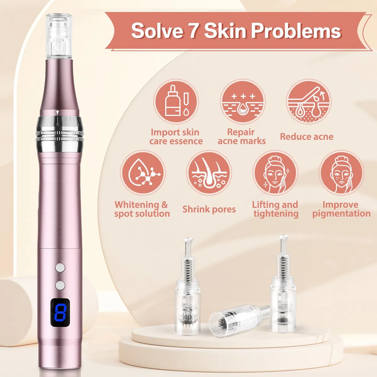 Dermapen Elektrischer Microneedling-Stift mit 8 Geschwindigkeiten, 0-2,5 mm, mit 7 Modell-LED-Licht, mit Hyaluronsäure-Gesichtsserum (inkl. 12 Nadelpatronen) (Rosa)