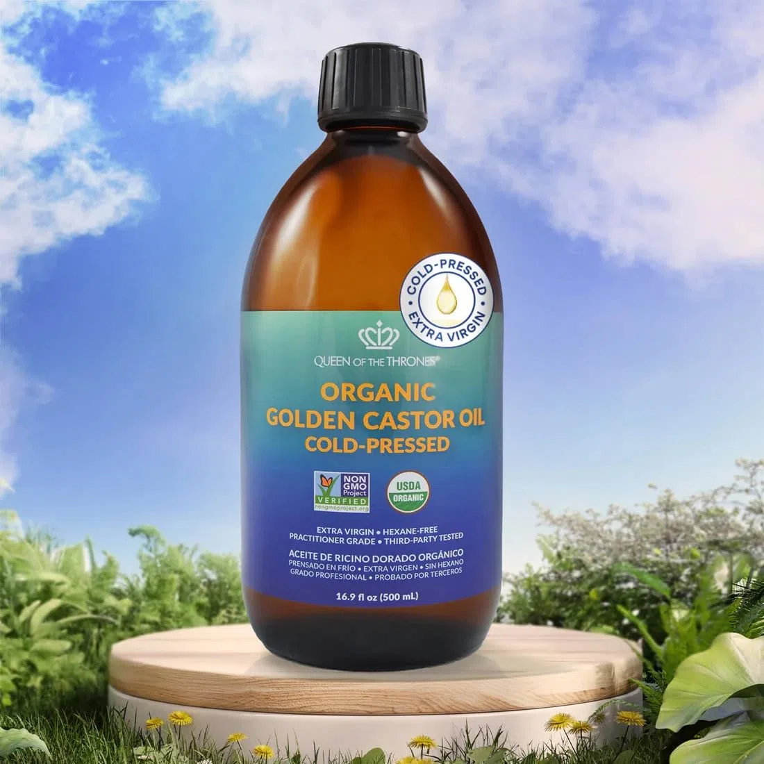 Queen of the Thrones Organic Castor Oil - 500mL (16.9oz) | 100% Pure, USDA Certified, Cold Pressed & Hexane Free & Extra Virgin