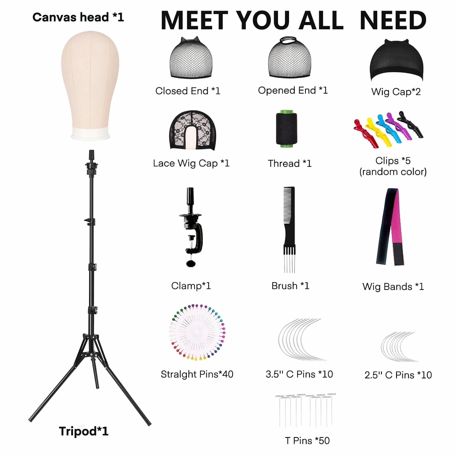Perückenkopf 22 Inch (55.8cm) Dekokopf mit Perückenständer 160cm, Mannequin Kopf mit Übungskopf Ständer, Tischklammer, T-Stifte, Haarbürste, Beige