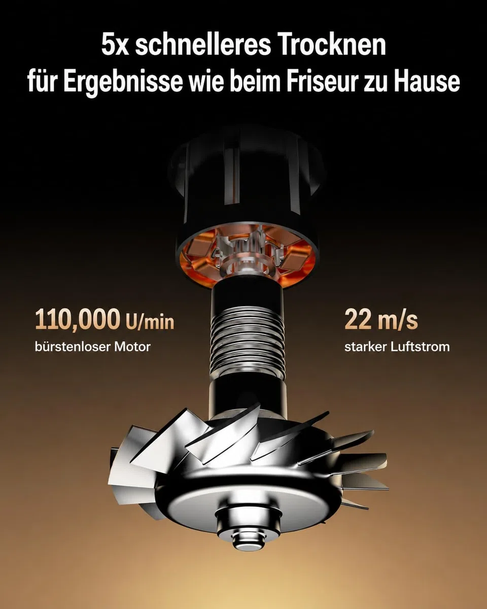 Profi Haartrockner mit LED-Display, 110.000 U/min Brushless Motor, 200 Mio. Plasma-Ionen, Schnelles Trocknen, Ultra Leise, Leichtgewicht, Diffusor inklusive, Für Glattes Haar&Weniger Frizz