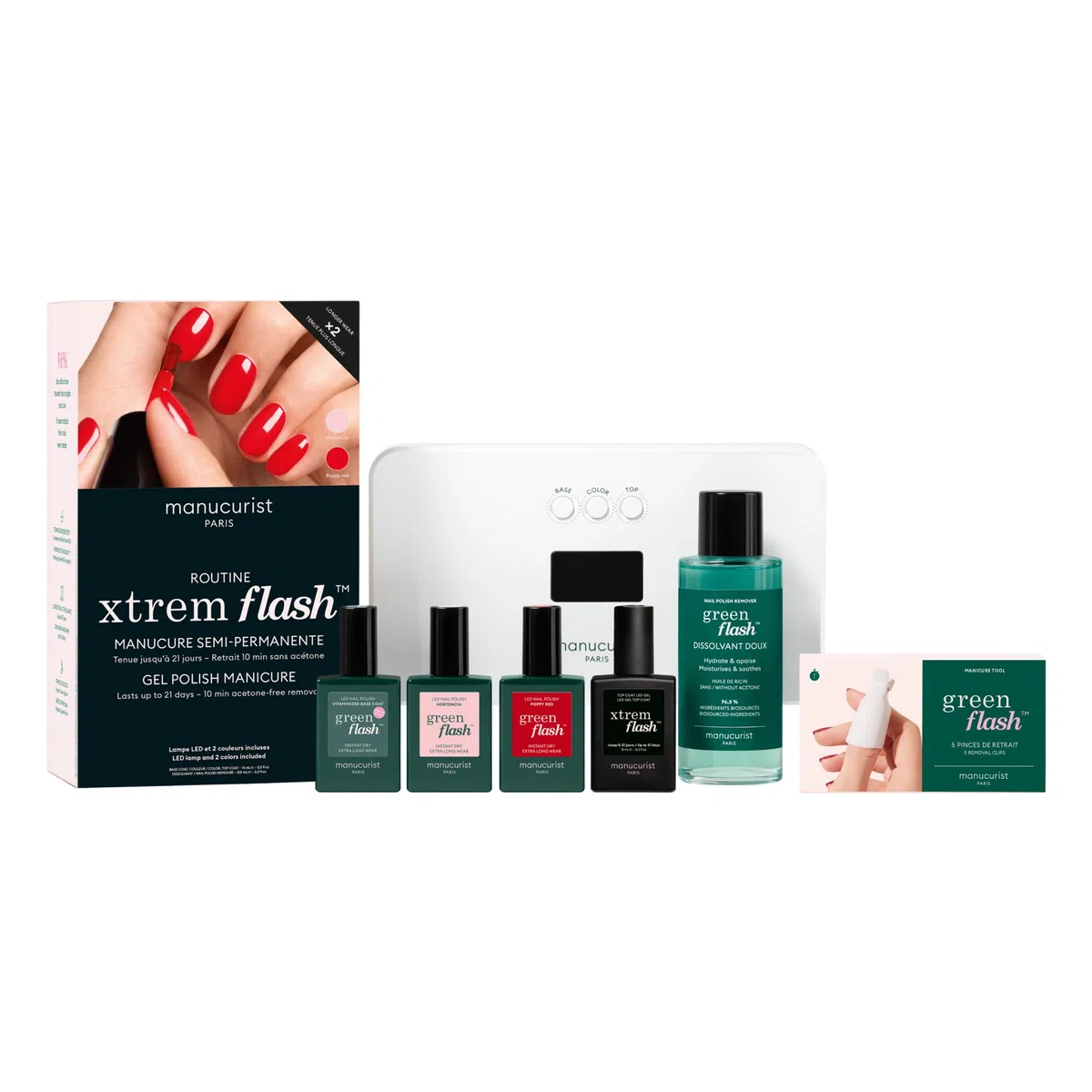 Manucurist Xtrem Flash Gel Nägel Set mit 2 UV Nagellack | Poppy Red & Hortencia - LED Lampe 36W, Base Coat, Top Coat Gel UV, Entferner & Clips - Bis zu 21 Tage Halt