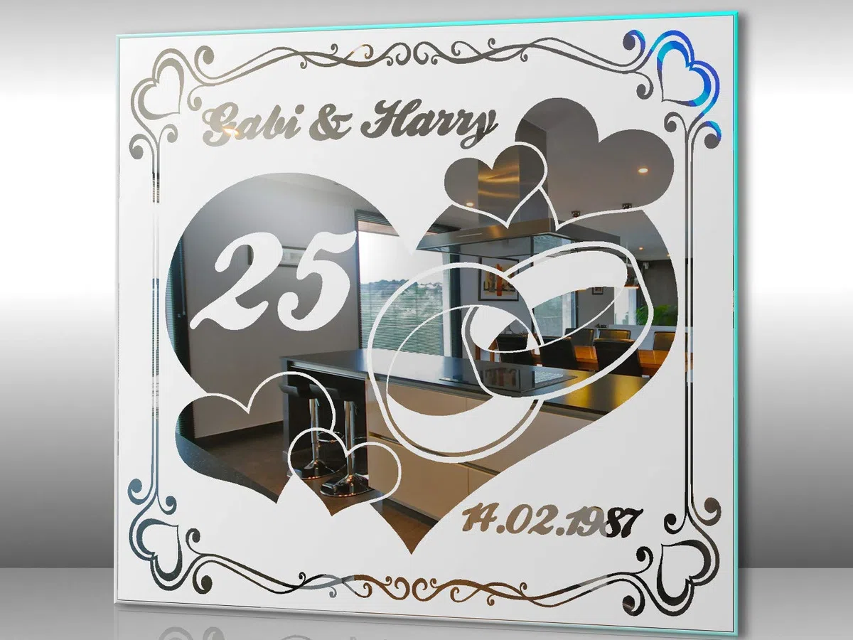 Spiegel mit Gravur zur Silbernen Hochzeit 1 ★ Wandbild ★ Hochzeitstag ★ Ehe ★ Hochzeitsgeschenk ★ 25 Jahre ★ personalisiert